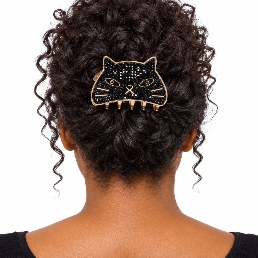 Piper K Black Cat Rhinestone Hair Claw Clip Gold Tone Halloween Feline 110-73